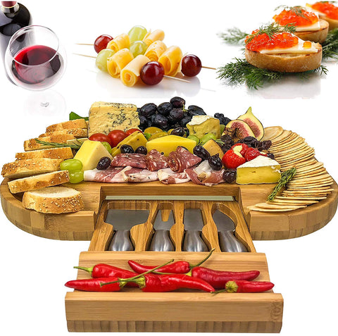 Solander Skelf Bamboo Cheese Board with Drawer & 4 Stainless Steel Cheese Knives Luxury Set | Deluxe Extra Spaces Serving Board Slide-Out & Utensils Gift Set | Extensive Serving Set Large 100% Bamboo