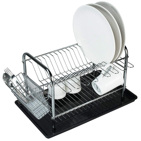 Chrome-Plated Metal 2-Tier Dish Drying Rack set with Drainboard, Mug Hooks and Utensil Holder