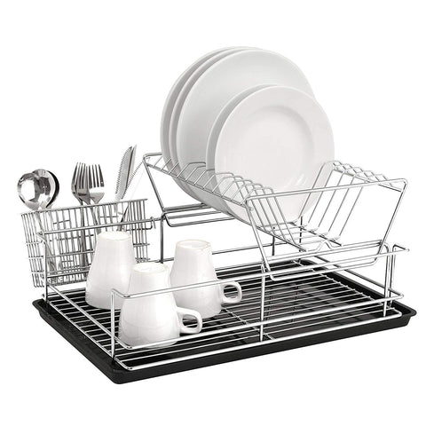 2-Tier Deluxe Chrome Plated Metal Kitchen Countertop Dish Drying Rack with Utensil Holder Basket