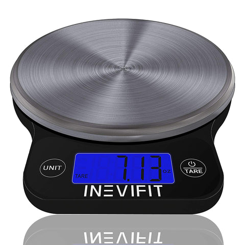 INEVIFIT DIGITAL KITCHEN SCALE, Highly Accurate Multifunction Food Scale 13 lbs 6kgs Max, Clean Modern Black with Premium Stainless Steel Finish. Includes Batteries & 5-Year Warranty