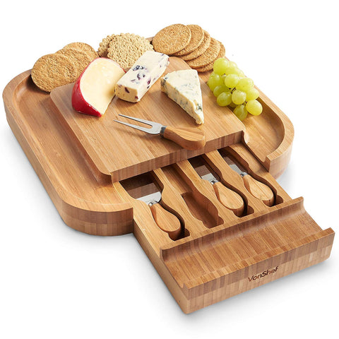 VonShef Square Slide Out Bamboo Cheese Board and 4 Piece Knife Set, 13 x 13 inches