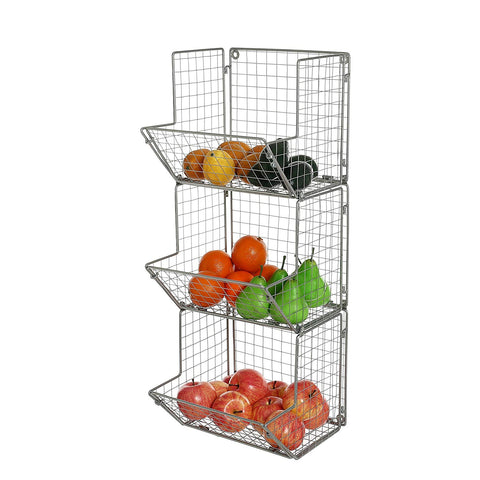MyGift 3-Tier Gray Metal Wire Wall Mounted Kitchen Produce Fruits Bin Rack, Bathroom Towel Storage Baskets