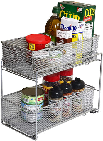 YBM Home Silver 2 Tier Mesh Sliding Spice and Sauces Basket Cabinet Organizer Drawer 2304