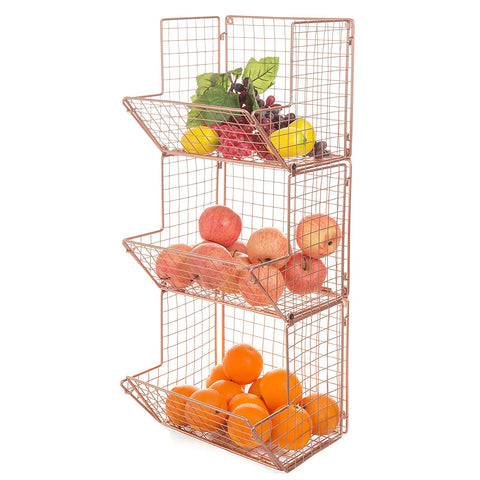MyGift Wall-Mounted Rose Gold Tone Metal Wire 3-Tier Kitchen Fruit Produce Storage Bin