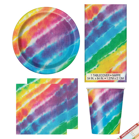Tie Dye Party Supplies Tableware Kit | Tie Dye Napkins, Paper Dinner Plates, Tablecover and Cups | Retro Throw Back 60s, 70s Hippie Reunion | 50, 60 Birthday Party | Best Value | Serves 16 (Tableware)